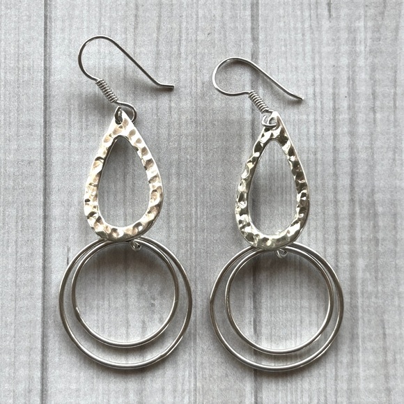 925 Sterling Silver Hammered Circle Double Dangle Earrings - Picture 9 of 13